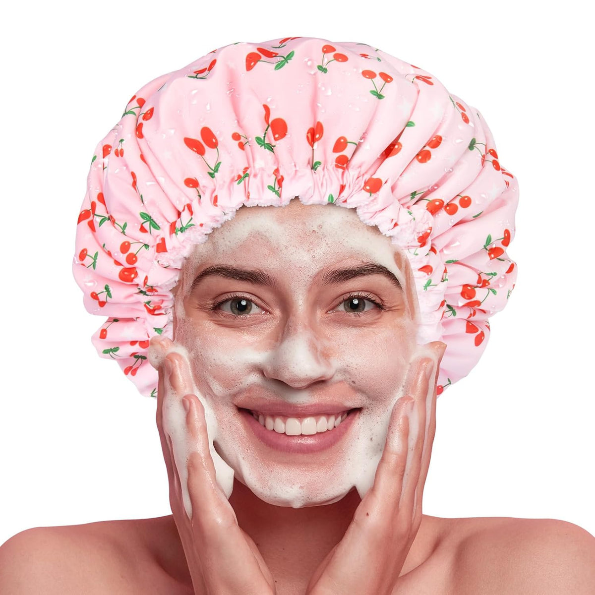 Shower Cap for Women Terry Lined Bath Cap Large Reusable Waterproof Elastic Band Pink Shower Caps for Long Thick Hair Soft Bath Shower Hair Caps